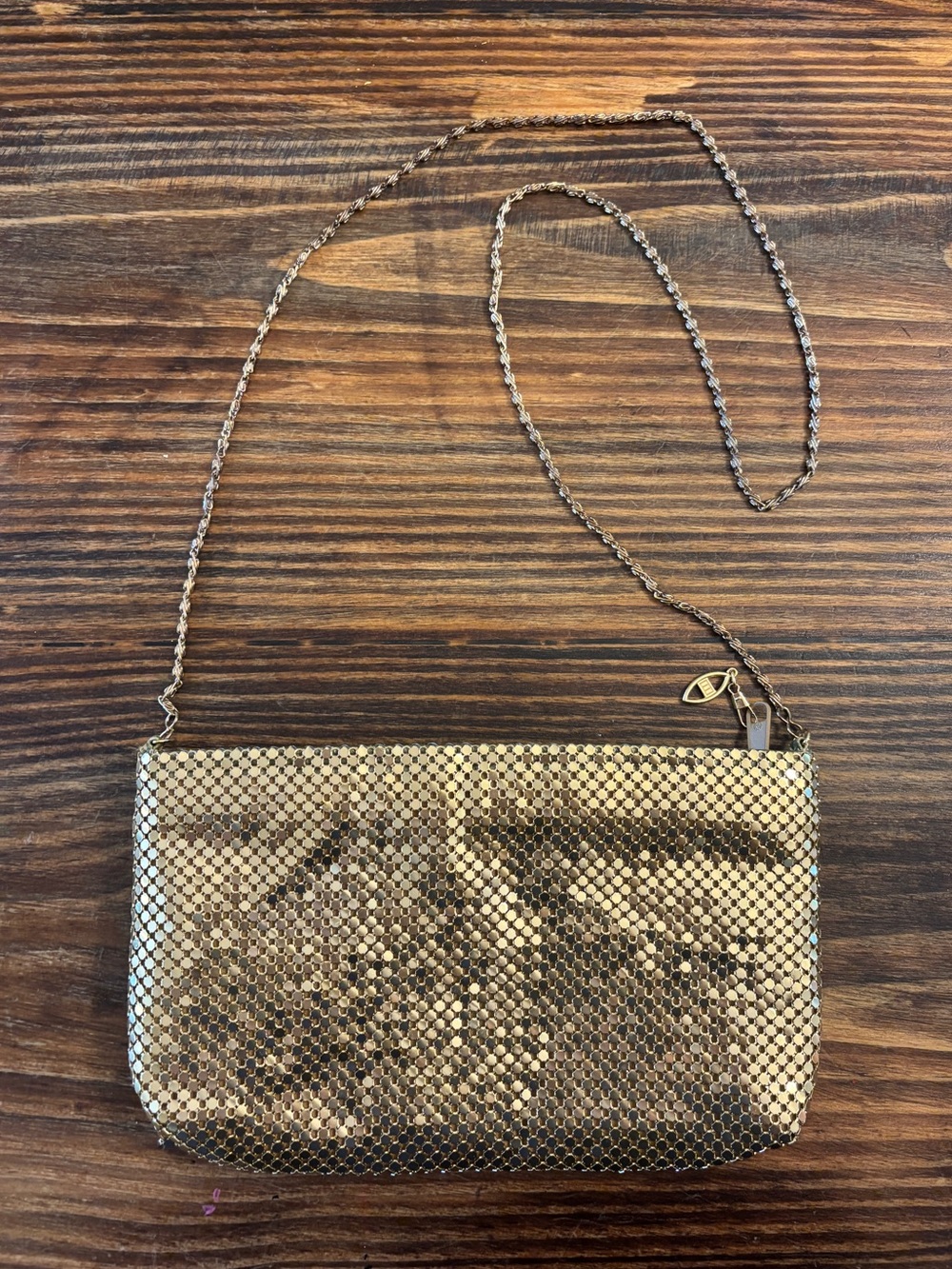 Vintage Gold Metal Mesh Evening Bag Clutch Shoulder Purse Chain Strap Zip Top
